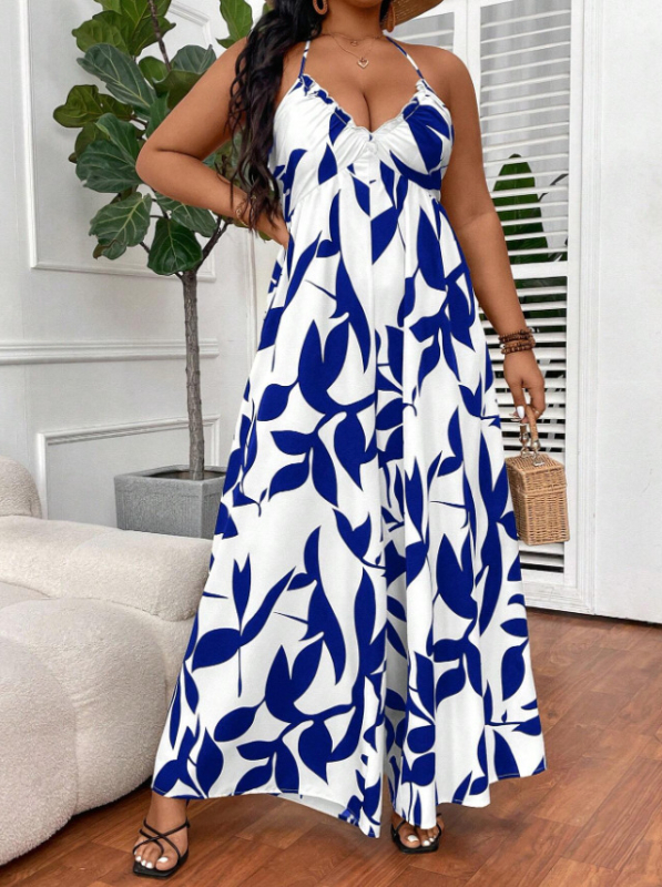 Бохемски принт, висока талия, халтер-връзка за врата, широки крачоли, полиестер, свободен силует