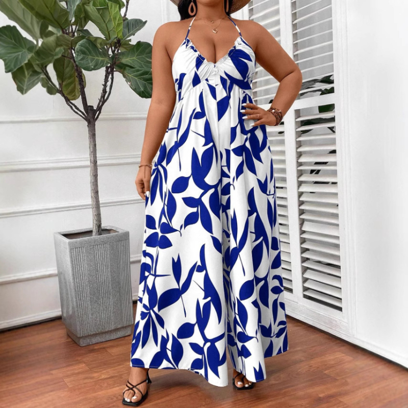 Бохемски принт, висока талия, халтер-връзка за врата, широки крачоли, полиестер, свободен силует