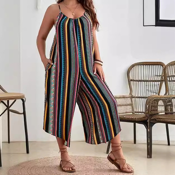 Ολόσωμη φόρμα με ριγέ εκτύπωση, χωρίς μανίκια, με ιμάντες, μεσαία μέση, ίσιο παντελόνι, πολυεστέρας