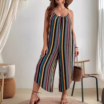 Ολόσωμη φόρμα με ριγέ εκτύπωση, χωρίς μανίκια, με ιμάντες, μεσαία μέση, ίσιο παντελόνι, πολυεστέρας