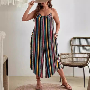 Ολόσωμη φόρμα με ριγέ εκτύπωση, χωρίς μανίκια, με ιμάντες, μεσαία μέση, ίσιο παντελόνι, πολυεστέρας