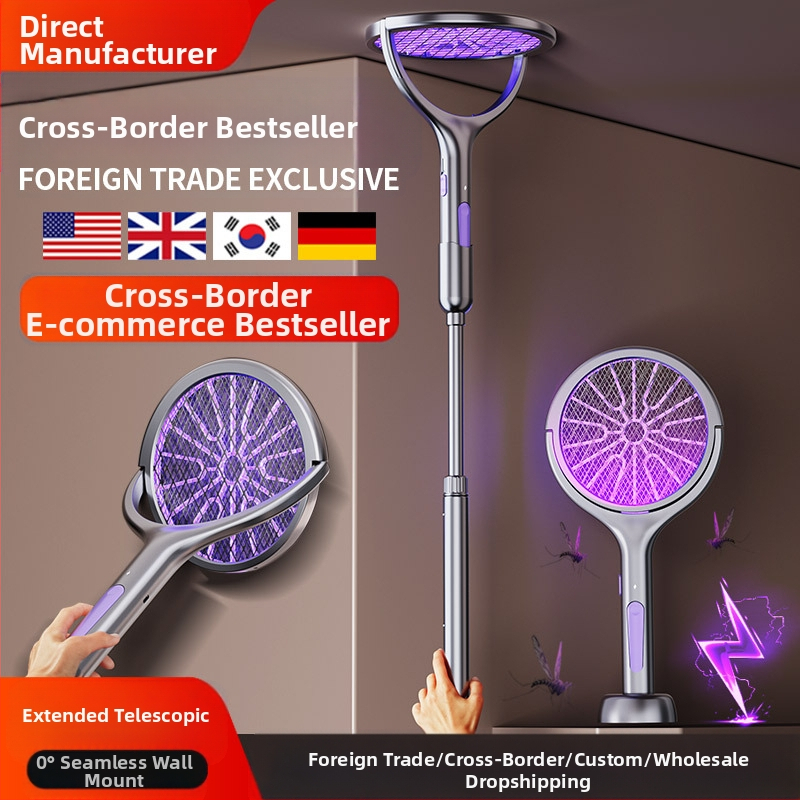 Електрическа мухобойка с телескопично удължение, USB презареждаема, алуминиева мрежа, UV светлина за улов на комари, обхват 11-20㎡