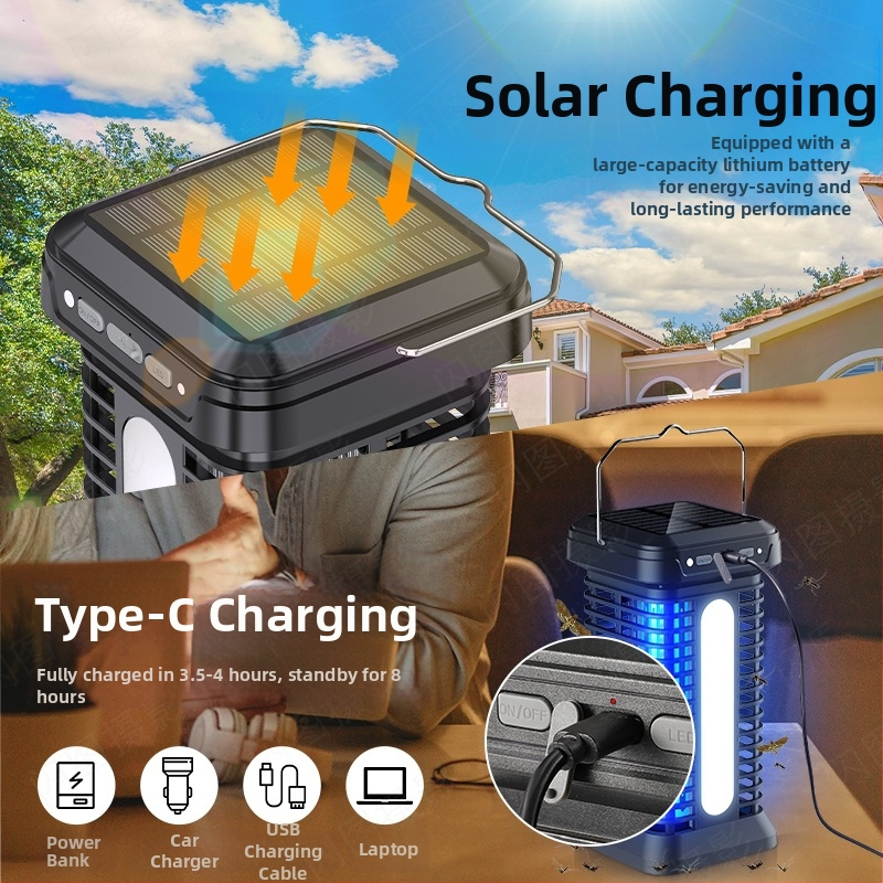 Лампа за убиване на комари с LED примамка и електрически удар, за вътрешна и външна употреба, вградена батерия 4000–5000 mAh, зареждане 1–3 ч, обхват 21–30 м²