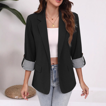 Γυναικείο cardigan-blazer με patchwork πέτο, στενό γραμμή, μπροστινό πέτο με ένα κουμπί, μανίκια 3/4, πολυεστερικό ύφασμα (πολυεστερικό ύφασμα)