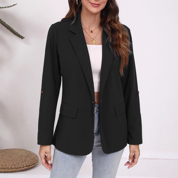 Γυναικείο cardigan-blazer με patchwork πέτο, στενό γραμμή, μπροστινό πέτο με ένα κουμπί, μανίκια 3/4, πολυεστερικό ύφασμα (πολυεστερικό ύφασμα)