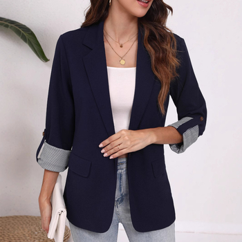 Γυναικείο cardigan-blazer με patchwork πέτο, στενό γραμμή, μπροστινό πέτο με ένα κουμπί, μανίκια 3/4, πολυεστερικό ύφασμα (πολυεστερικό ύφασμα)