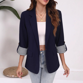 Γυναικείο cardigan-blazer με patchwork πέτο, στενό γραμμή, μπροστινό πέτο με ένα κουμπί, μανίκια 3/4, πολυεστερικό ύφασμα (πολυεστερικό ύφασμα)