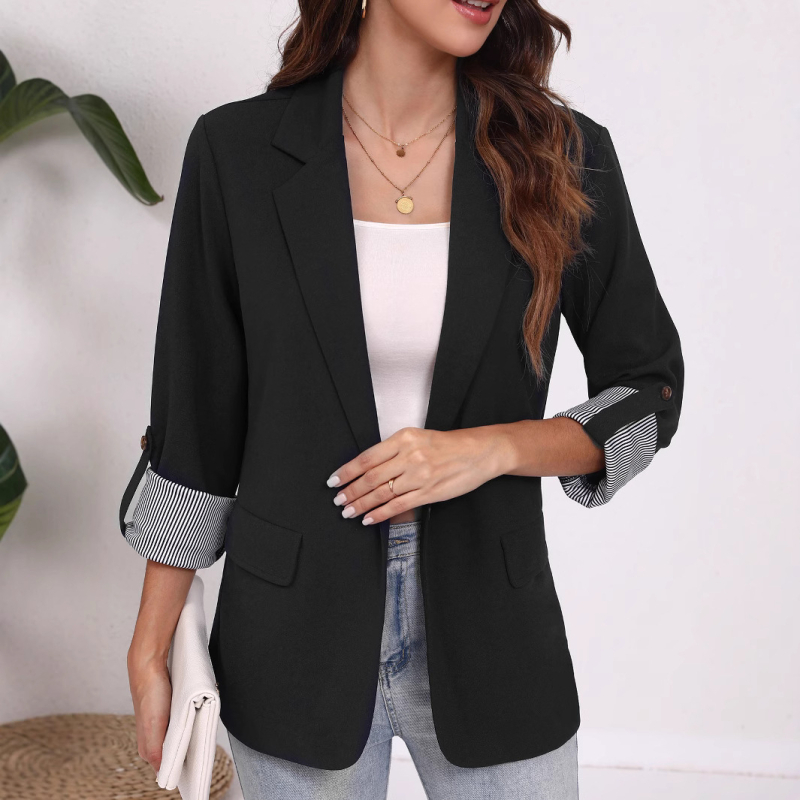 Cardigan-blazer s patchwork ovratnikom, uski kroj, prednja placka s jednim gumbom, rukavi 3/4, poliester materijal (poliester materijal)