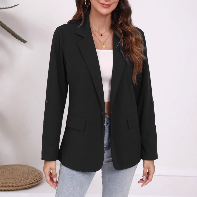 Cardigan-blazer s patchwork ovratnikom, uski kroj, prednja placka s jednim gumbom, rukavi 3/4, poliester materijal (poliester materijal)