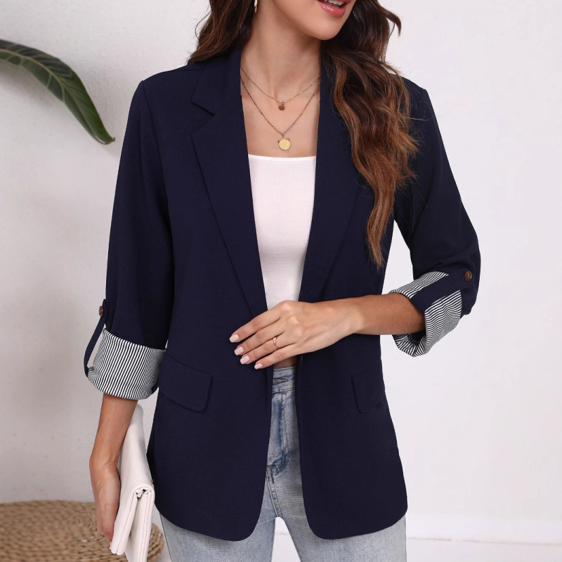 Cardigan-blazer s patchwork ovratnikom, uski kroj, prednja placka s jednim gumbom, rukavi 3/4, poliester materijal (poliester materijal)