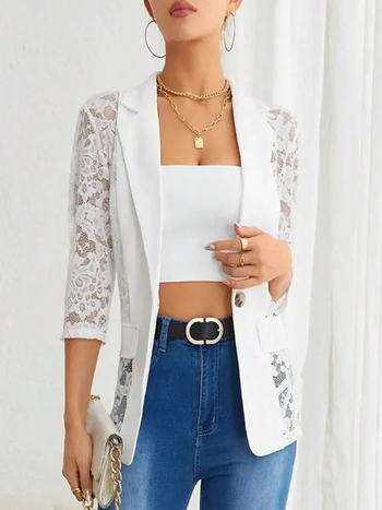 Γυναικείο μπουφάν blazer με δαντελένια επένδυση, νάιλον ύφασμα, μανίκια 3/4, γιακά τύπου λαπέλ, μπροστινή σειρά με ένα κουμπί, κομψό στυλ, καλοκαίρι 2025