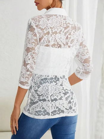 Γυναικείο μπουφάν blazer με δαντελένια επένδυση, νάιλον ύφασμα, μανίκια 3/4, γιακά τύπου λαπέλ, μπροστινή σειρά με ένα κουμπί, κομψό στυλ, καλοκαίρι 2025