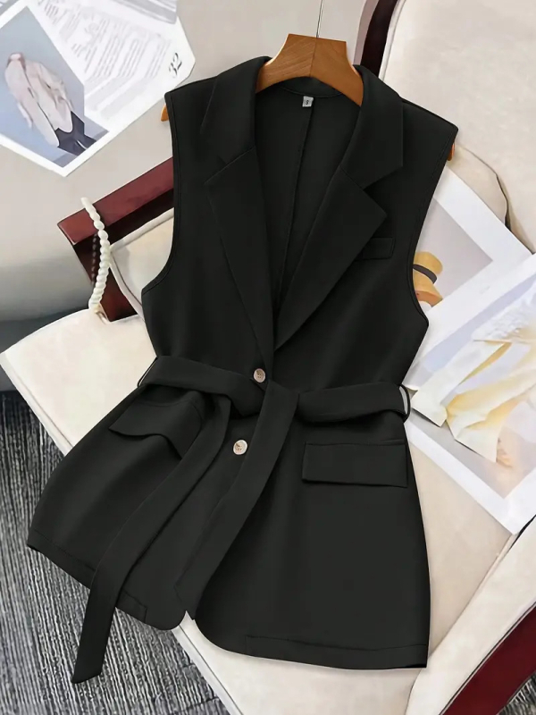 Varrukateta vest, slim-fit lõige, kahe nupu plokk, ülikonna krae, polüester 95%+