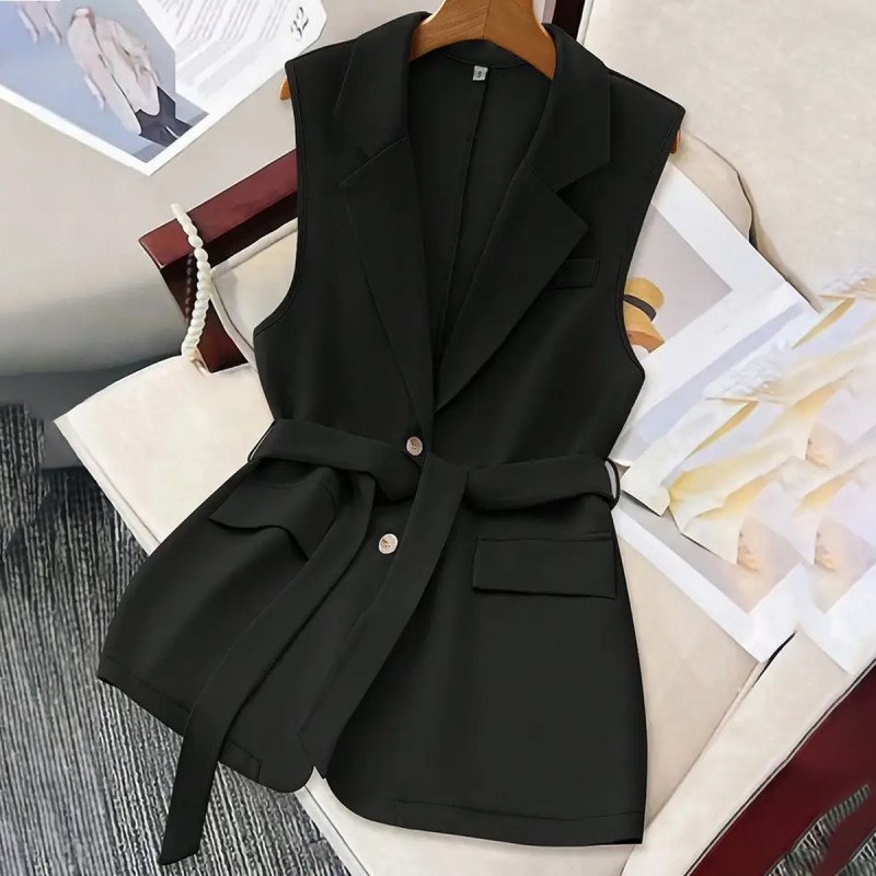 Varrukateta vest, slim-fit lõige, kahe nupu plokk, ülikonna krae, polüester 95%+