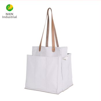 Padalinta audinio pirkinių tašė su odiniu nešiojamu modeliu saugojimui – 100% medvilnė; pagrindas ir šoniniai skydeliai; termininis perdavimas spausdinimas; svoris 340 g