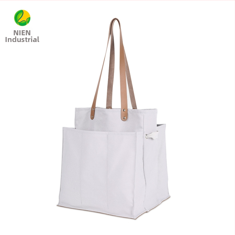 Padalinta audinio pirkinių tašė su odiniu nešiojamu modeliu saugojimui – 100% medvilnė; pagrindas ir šoniniai skydeliai; termininis perdavimas spausdinimas; svoris 340 g