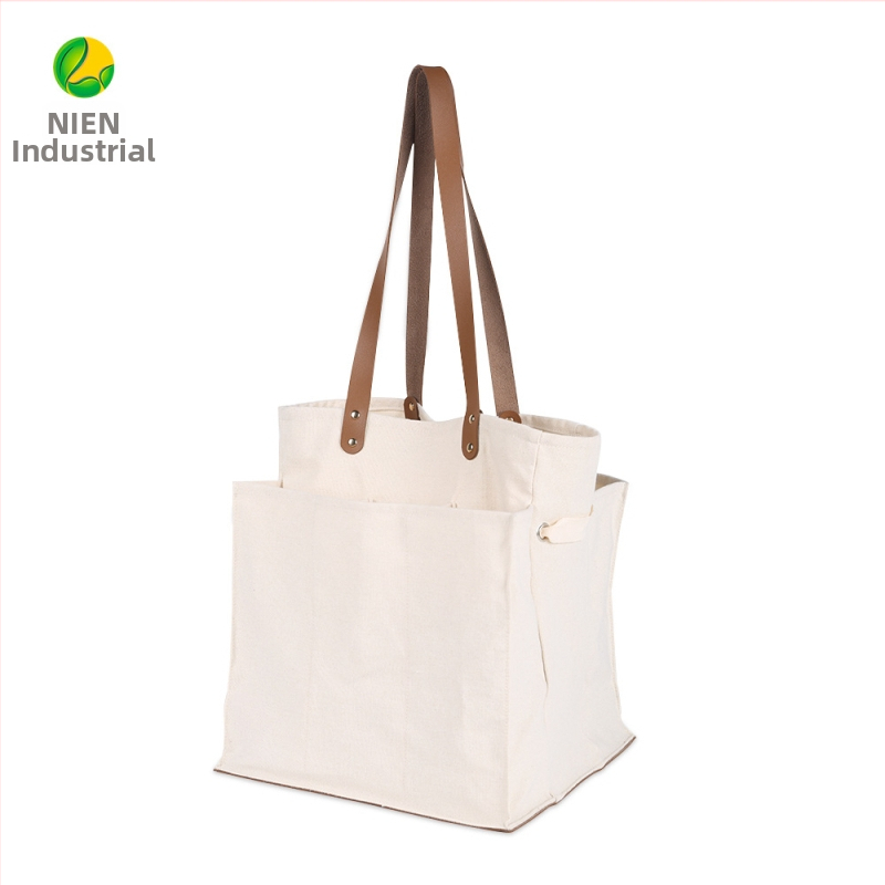 Padalinta audinio pirkinių tašė su odiniu nešiojamu modeliu saugojimui – 100% medvilnė; pagrindas ir šoniniai skydeliai; termininis perdavimas spausdinimas; svoris 340 g