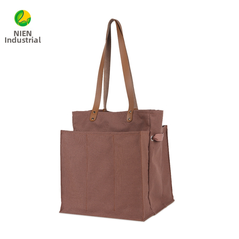 Padalinta audinio pirkinių tašė su odiniu nešiojamu modeliu saugojimui – 100% medvilnė; pagrindas ir šoniniai skydeliai; termininis perdavimas spausdinimas; svoris 340 g