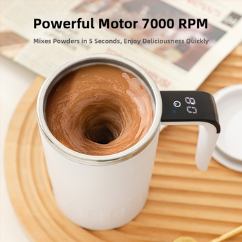 Ανοξείδωτο ποτήρι-αναδευτήρας πρωτεΐνης με ηλεκτρικό μοτέρ — φορητό ποτήρι καφέ (320 g, ανοξείδωτο ατσάλι, ηλεκτρικός κινητήρας, δυνατότητα εκτύπωσης λογότυπου)
