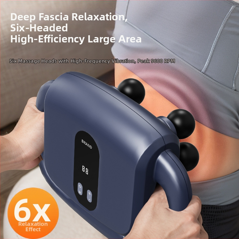 Шестглавен фасциален масажор за мускули – масажор с четков мотор, LCD дисплей, многостепенно регулиране и интелигентно изключване, вграден 1200–2000mAh акумулатор, 3–6 ч работа, шум 36–45 dB