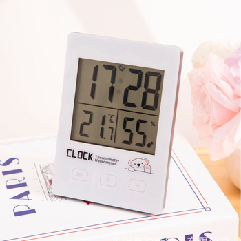 Vidaus skaitmeninis termometras ir higrometras su LED rodmenimis, stalinis mini laikrodis, orų prognozė, baterijų maitinimas