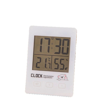 Vidaus skaitmeninis termometras ir higrometras su LED rodmenimis, stalinis mini laikrodis, orų prognozė, baterijų maitinimas