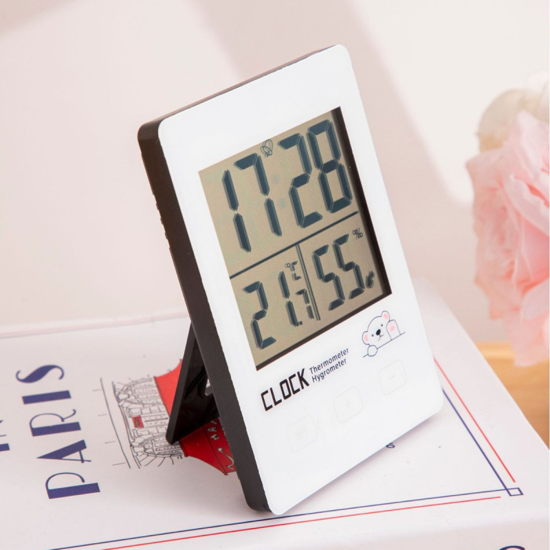 Vidaus skaitmeninis termometras ir higrometras su LED rodmenimis, stalinis mini laikrodis, orų prognozė, baterijų maitinimas