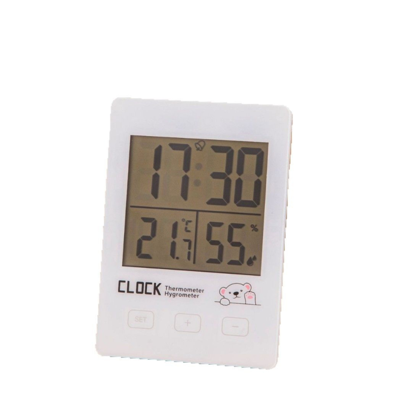 Vidaus skaitmeninis termometras ir higrometras su LED rodmenimis, stalinis mini laikrodis, orų prognozė, baterijų maitinimas