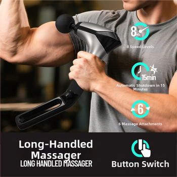 Perkusinis masažo įrankis su ilga rankena, įdiegta baterija (1–3 h), 6+ galvutės, nešiojamas, kelių greičių reguliavimas
