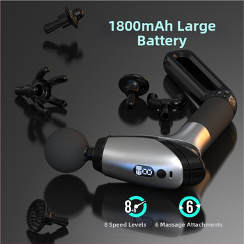 Perkusinis masažo įrankis su ilga rankena, įdiegta baterija (1–3 h), 6+ galvutės, nešiojamas, kelių greičių reguliavimas