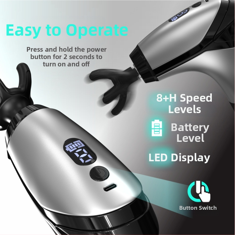 Перкусионен масажор с дълга дръжка, вградена батерия (1–3 ч), 6+ глави, четков мотор, многостепенно регулиране на скоростта