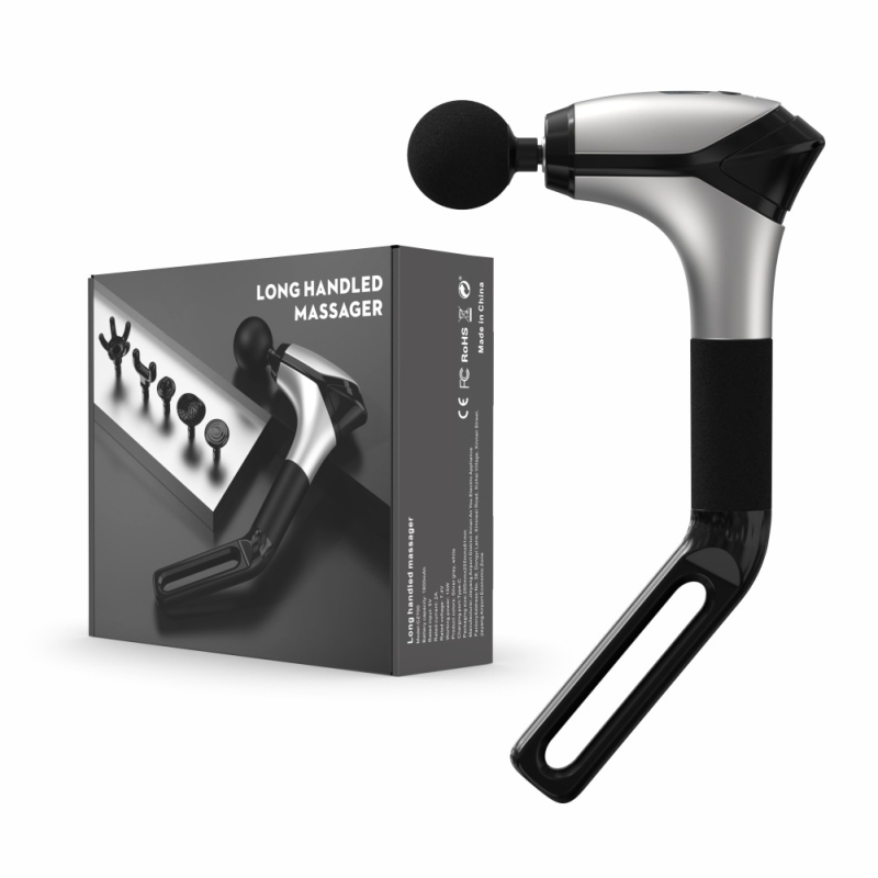 Perkusinis masažo įrankis su ilga rankena, įdiegta baterija (1–3 h), 6+ galvutės, nešiojamas, kelių greičių reguliavimas