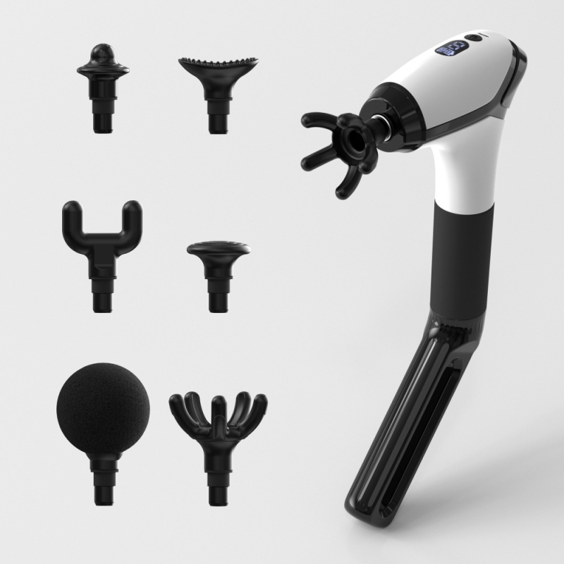 Perkusinis masažo įrankis su ilga rankena, įdiegta baterija (1–3 h), 6+ galvutės, nešiojamas, kelių greičių reguliavimas