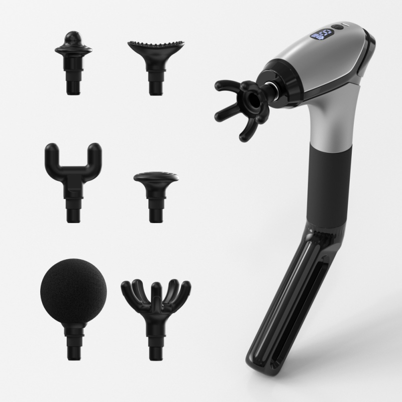 Perkusinis masažo įrankis su ilga rankena, įdiegta baterija (1–3 h), 6+ galvutės, nešiojamas, kelių greičių reguliavimas