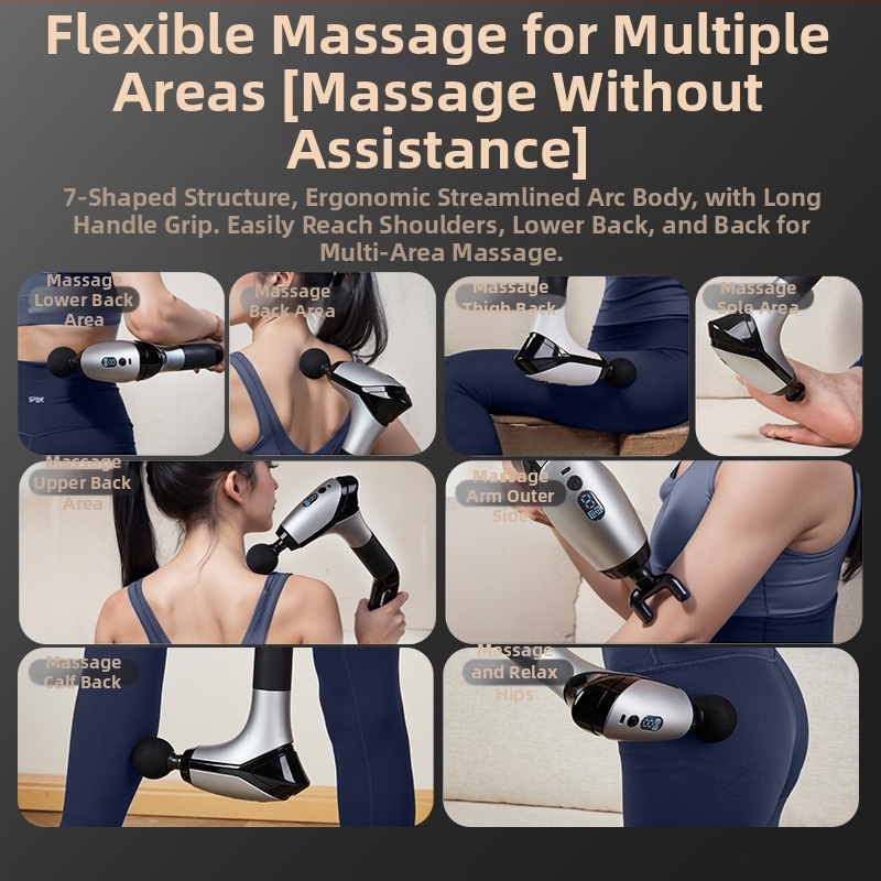 Масажор за фасции с приставка за шия, високочестотна вибрация, 6 накрайника, LCD дисплей, 5+ скорости, шум под 36 dB