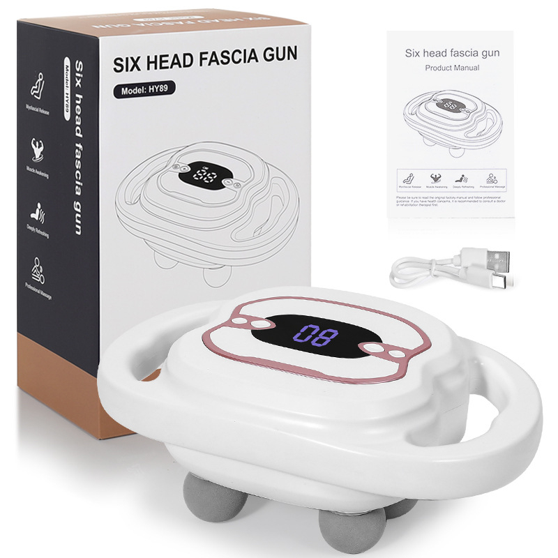 Šešių galvų masažo įrankis su bešepetėlinu motoru, 5+ greičiai, įmontuota baterija 1200–2000 mAh, veikimo laikas 1–3 h, triukšmas 36–45 dB