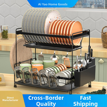 Dvigubo sluoksnio indų džiovinimo lentyna virtuvei – plieninė viela, šiuolaikinis minimalistinis stilius, indų ir dubenėlių organizatorius