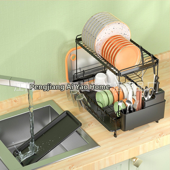 Dvigubo sluoksnio indų džiovinimo lentyna virtuvei – plieninė viela, šiuolaikinis minimalistinis stilius, indų ir dubenėlių organizatorius