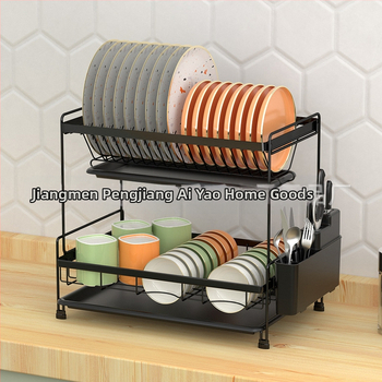 Dvigubo sluoksnio indų džiovinimo lentyna virtuvei – plieninė viela, šiuolaikinis minimalistinis stilius, indų ir dubenėlių organizatorius