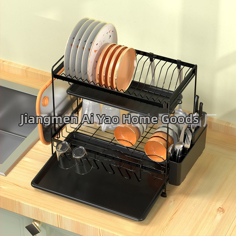 Двоен слой рафт за отцеждане на съдове за кухнята – железна тел, модерен стил, организатор за чинии и купи