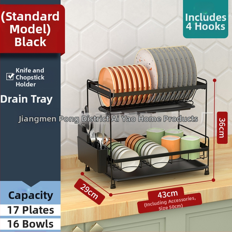 Dvigubo sluoksnio indų džiovinimo lentyna virtuvei – plieninė viela, šiuolaikinis minimalistinis stilius, indų ir dubenėlių organizatorius