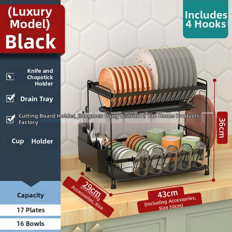 Dvigubo sluoksnio indų džiovinimo lentyna virtuvei – plieninė viela, šiuolaikinis minimalistinis stilius, indų ir dubenėlių organizatorius