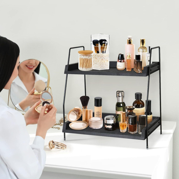 Δύο-επίπεδη ραφιέρα από σίδηρο και ξύλο για καλλυντικά και προϊόντα περιποίησης, κατάλληλη για γραφείο