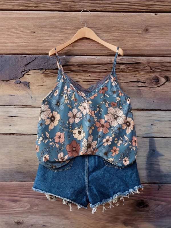 Gėlėtas nėrinių V kaklo topas – be rankovių, poliesterio/elastano mišinys, liekninantis kirpimas