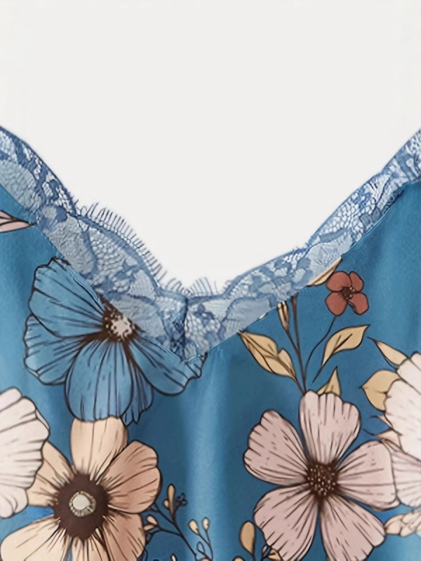 Gėlėtas nėrinių V kaklo topas – be rankovių, poliesterio/elastano mišinys, liekninantis kirpimas