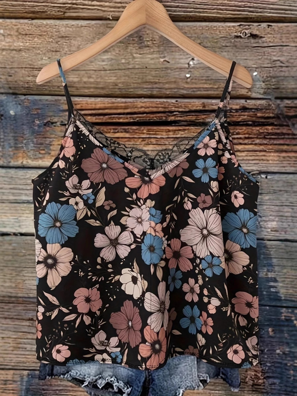 Gėlėtas nėrinių V kaklo topas – be rankovių, poliesterio/elastano mišinys, liekninantis kirpimas