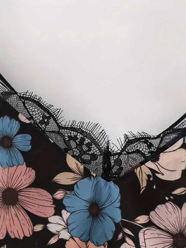 Gėlėtas nėrinių V kaklo topas – be rankovių, poliesterio/elastano mišinys, liekninantis kirpimas