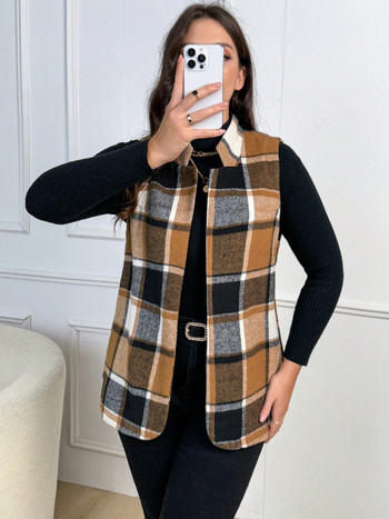 Γυναικείο γιλέκο χωρίς μανίκια, πολυεστερικό ύφασμα, άνετη γραμμή, σταθερό γιακά, καρό σχέδιο, φθινοπωρινό-χειμερινό 2025