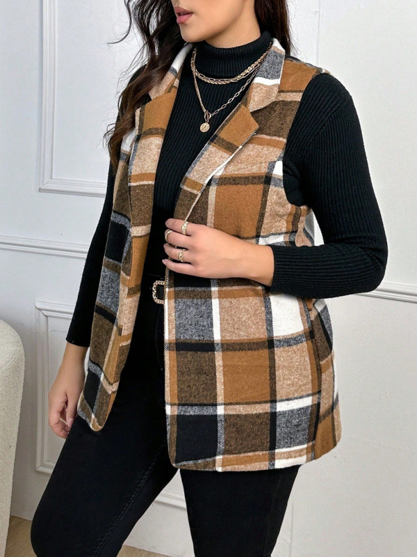 Жилет за жени, полиестер, свободен силует, без ръкави, стояща яка, каре шарка, есенно-зимна колекция 2025