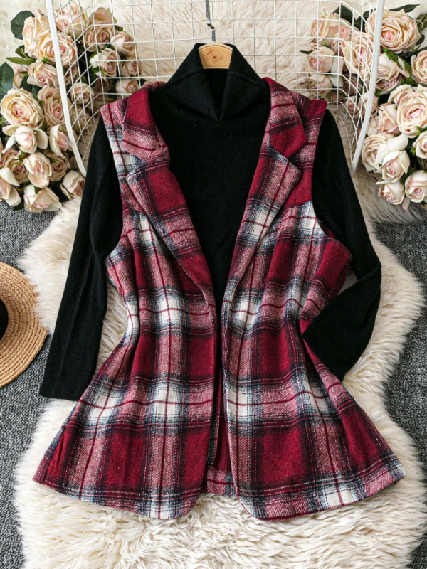 Жилет за жени, полиестер, свободен силует, без ръкави, стояща яка, каре шарка, есенно-зимна колекция 2025